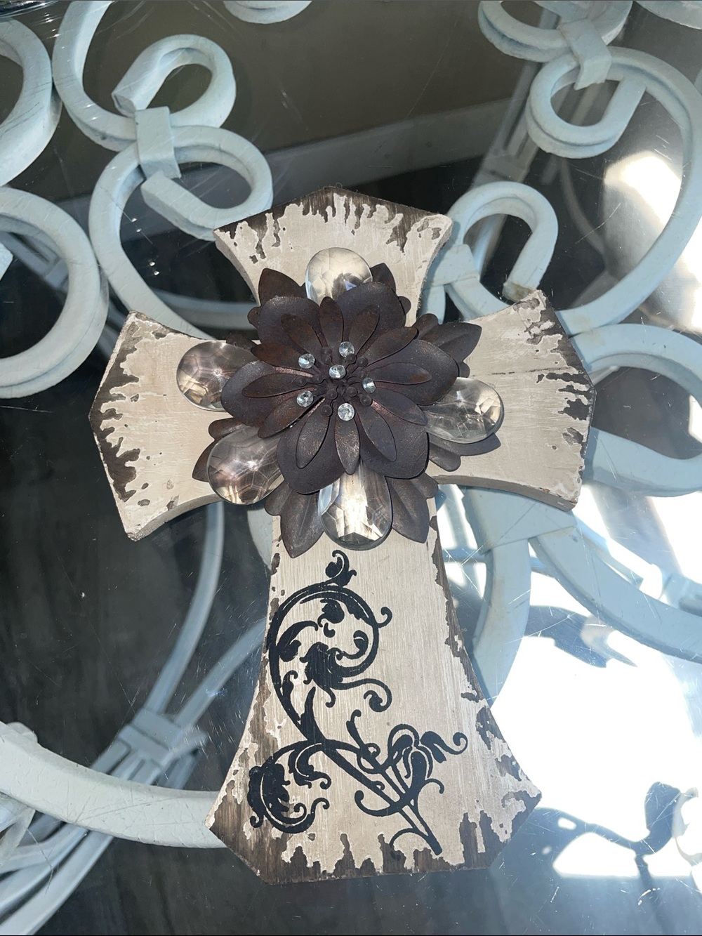 Distressed Wood Cross Wall Decor with Metal Floral Accent - Brown & Cream